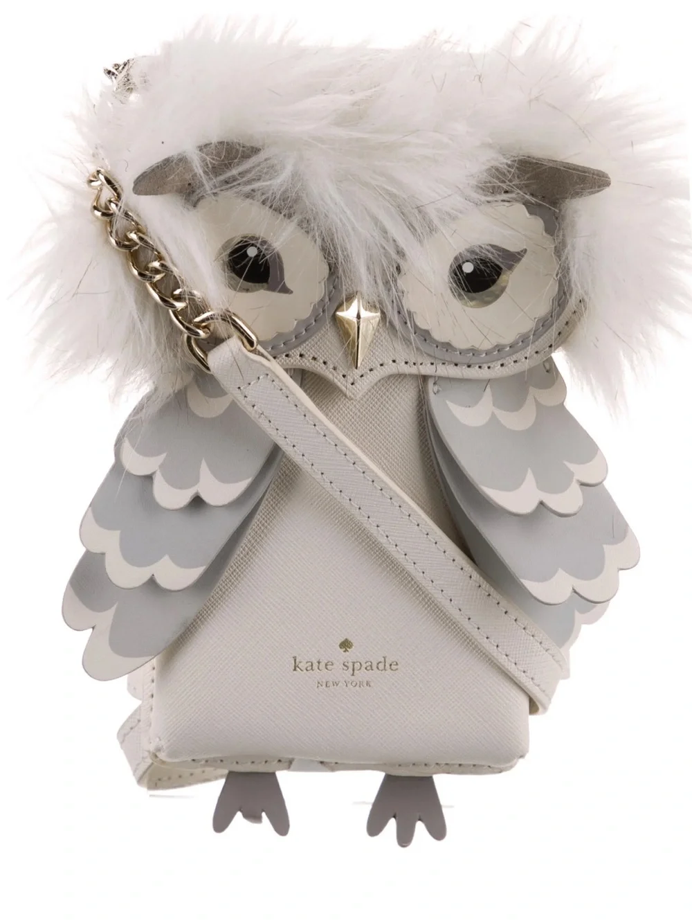 Kate Spade Cream and Gray Owl Crossbody Purse with Fur Trim